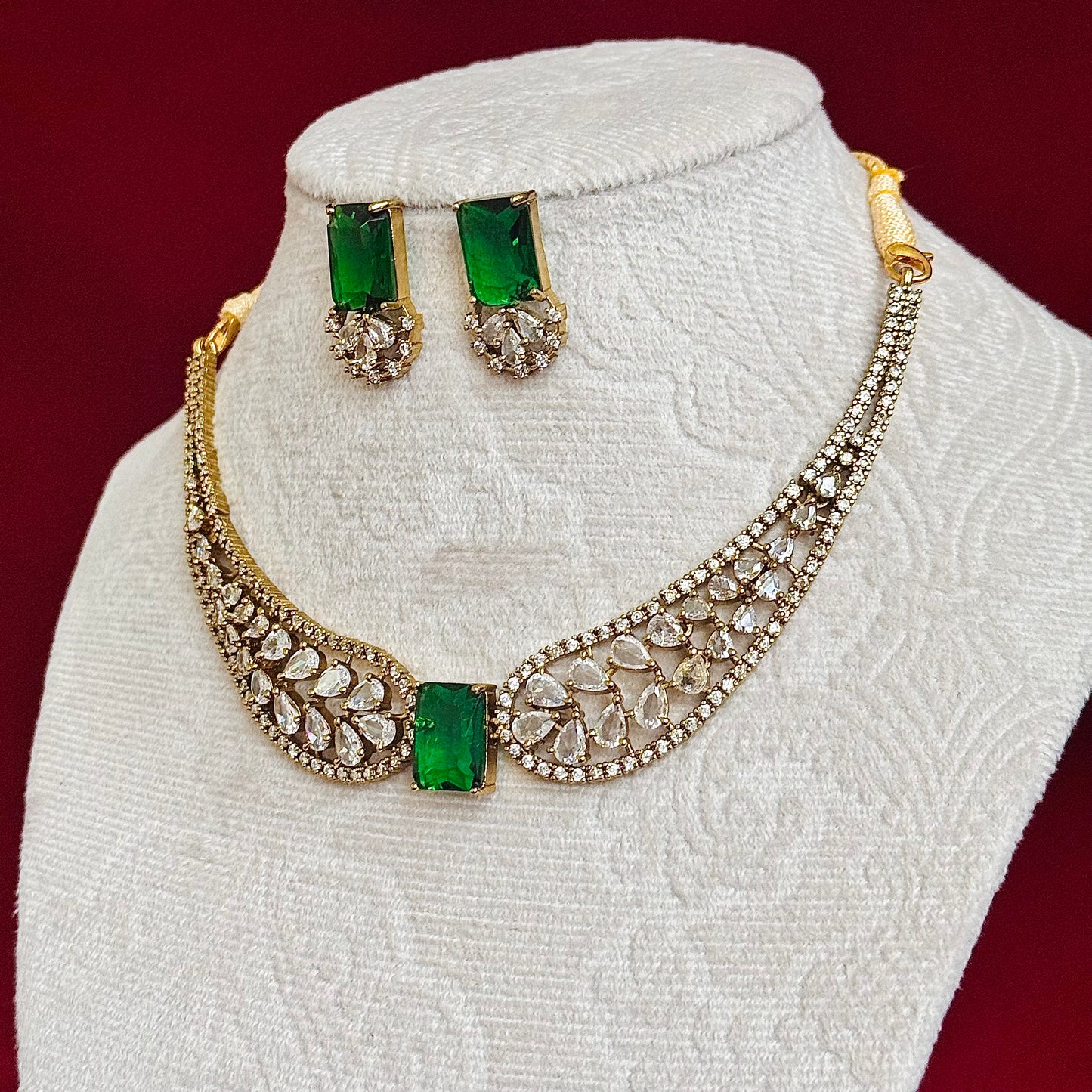 Emerald Green CZ Necklace Set, Indian Bridal Choker Jewelry, Gold Tone Statement Necklace with Earrings, Wedding Party Wear Set for Women