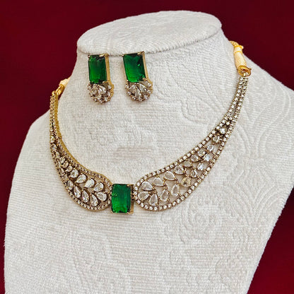Emerald Green CZ Necklace Set, Indian Bridal Choker Jewelry, Gold Tone Statement Necklace with Earrings, Wedding Party Wear Set for Women