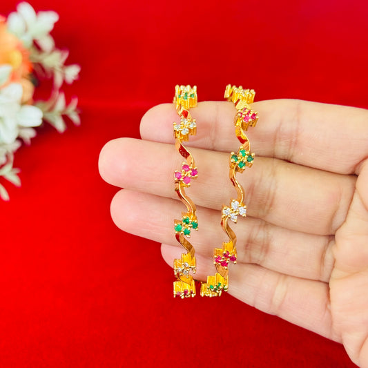 Elegant Multicolor Floral Gold Bangles Set, Designer Twist Kada, CZ Stone Indian Bangles, Wedding Festival Bangles, Traditional 2 Pc Bangle Set