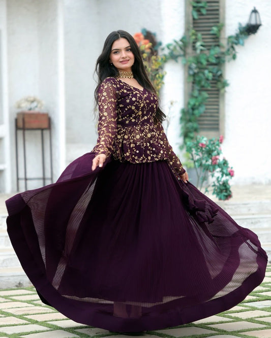 Elegant Wine Lehenga Choli Set | Heavy Embroidered Sequin Blouse with Full flair Crush Pleated Skirt | Wedding & Party Outfit