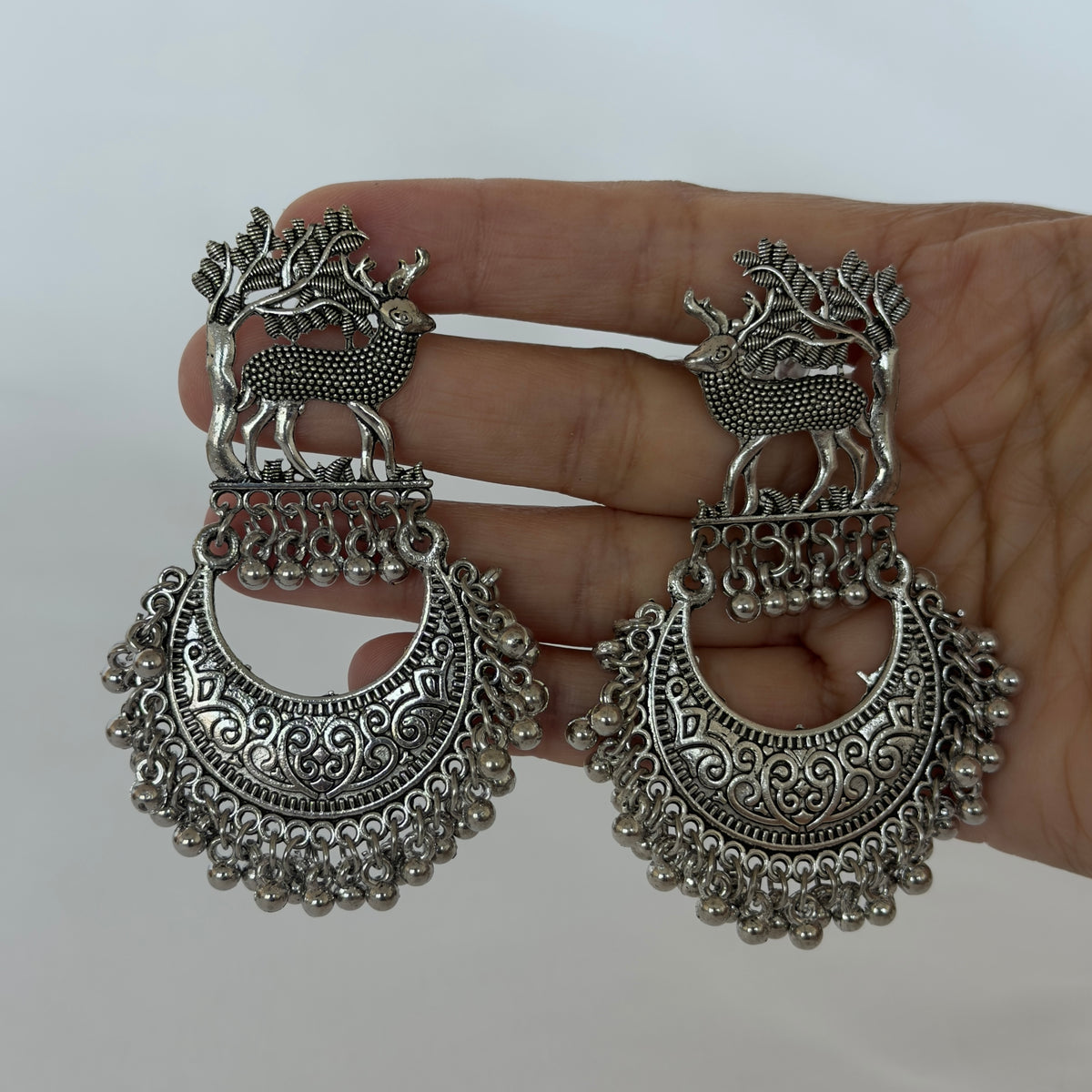 Oxidized Silver Deer Chandbali Earrings, Statement Indian Jhumka Earrings, Tribal Boho Jewelry, Ghungroo Dangle Earrings, Ethnic Wedding Jewelry