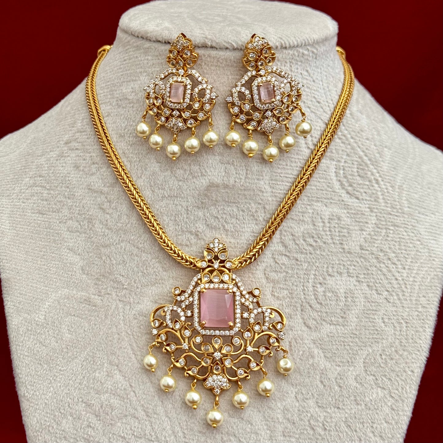 Pink Stone CZ Necklace Set for Women, Gold Tone Indian Pendant Necklace, Pearl Drop Earrings Set, Party Wear Jewelry, Wedding Guest Jewelry