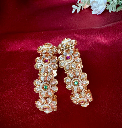 Handcrafted Kundan Floral Openable Kada | Gold-Tone Indian Bangle with Ruby & Emerald Stones