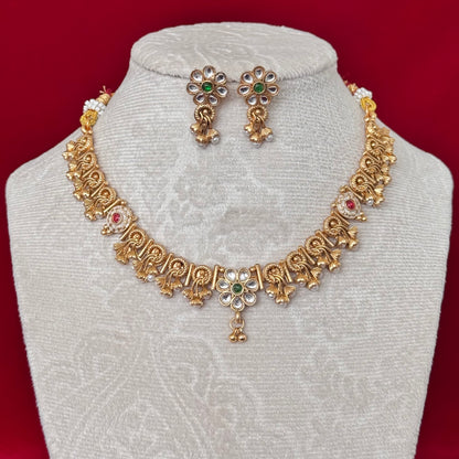 Antique Gold Majak Necklace Set with Earrings | Floral Kundan Choker | Traditional Indian Bridal Jewelry | South Indian Wedding Necklace