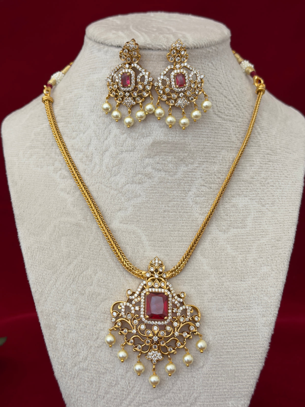 Ruby Red AD Stone Necklace Set, Gold Tone Pendant Necklace with Pearl Drops, Matching Earrings, Indian Wedding Jewelry, Ships from USA