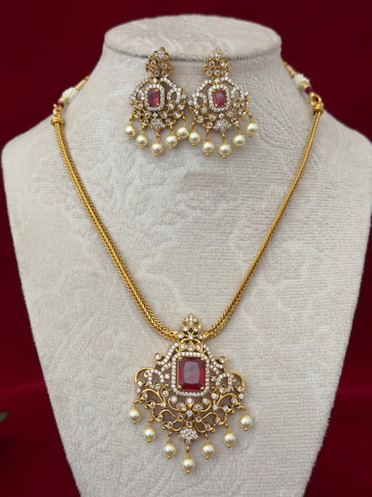 Ruby Red AD Stone Necklace Set, Gold Tone Pendant Necklace with Pearl Drops, Matching Earrings, Indian Wedding Jewelry, Ships from USA