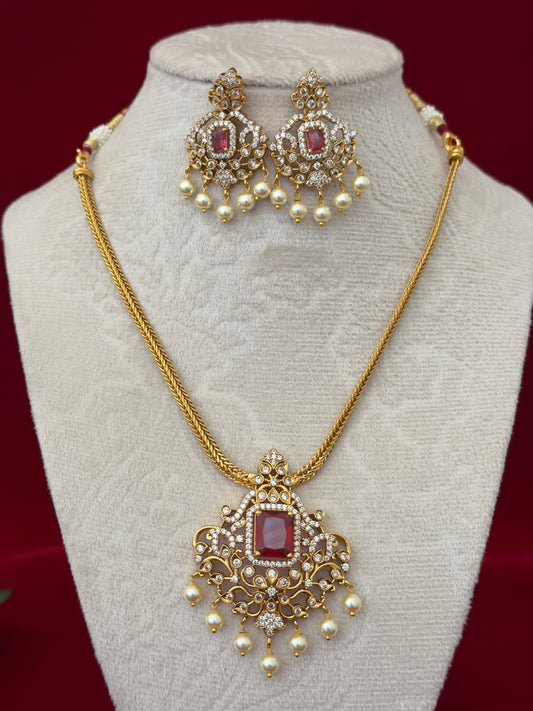Ruby Red AD Stone Necklace Set, Gold Tone Pendant Necklace with Pearl Drops, Matching Earrings, Indian Wedding Jewelry, Ships from USA