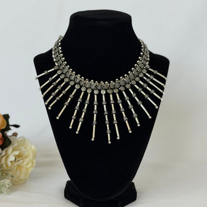 Oxidized Silver Statement Necklace, Tribal Indian Jewelry, Boho Long Stick Necklace, Navratri Garba Jewelry, Ethnic Festival Necklace