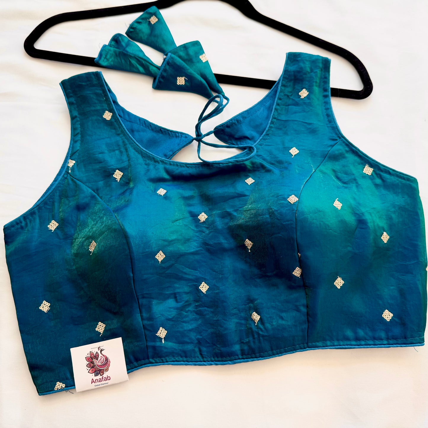 Peacock Green Fandy Silk Blouse | Dual Tone Shiny Sequins Butti Readymade Padded Blouse