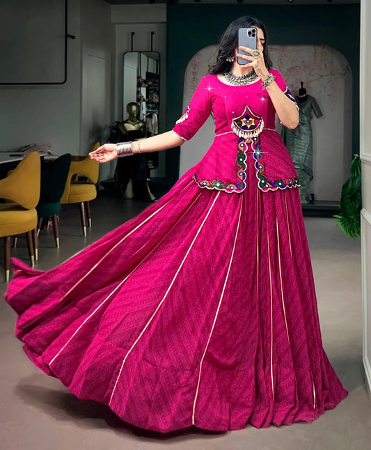 Navratri Lehenga Choli for Women, Pink Garba Chaniya Choli, Gamthi Mirror Work Blouse, Georgette Lehenga, Dandiya Indian Festival Outfit