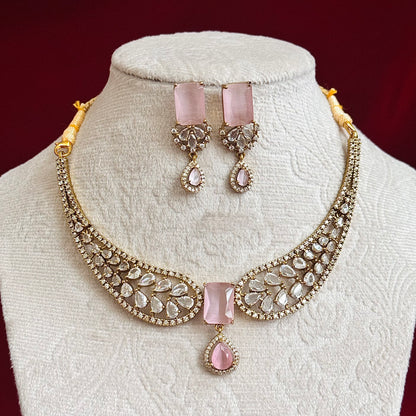 Blush Pink CZ Necklace Set for Women, Indian Wedding Jewelry Set, Gold Tone Statement Necklace, Bridal Party Jewelry, Pink Stone Earrings