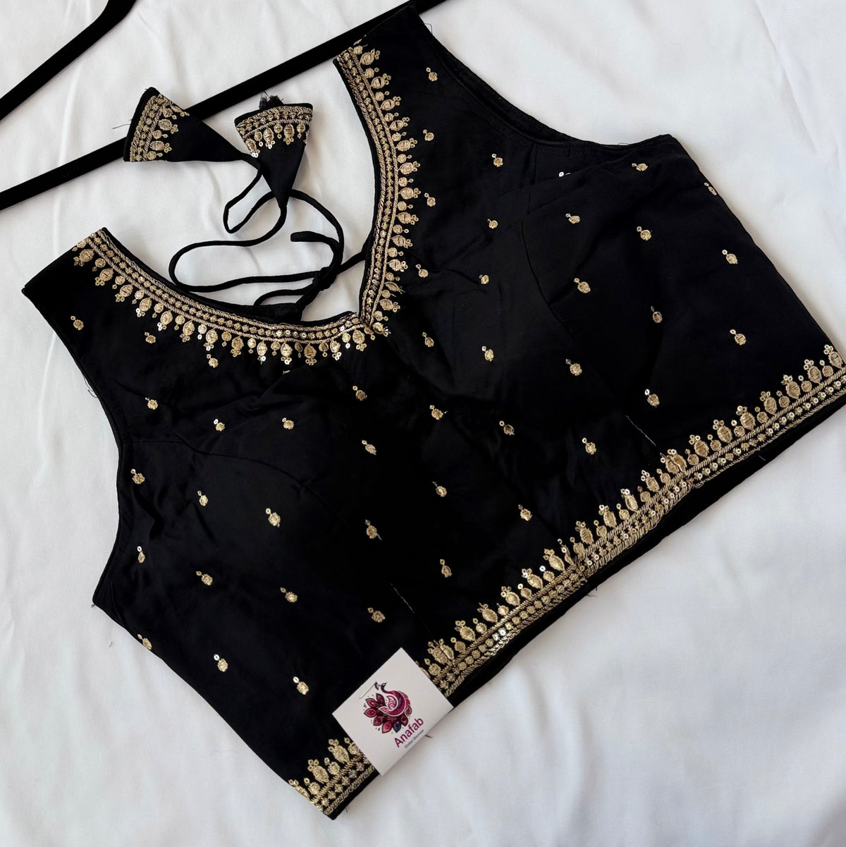 Black Jacquard Saree Blouse, Gold Embroidered Designer Blouse, Deep Back Neck Blouse with Latkan, Ready to Wear Indian Blouse, Crop top