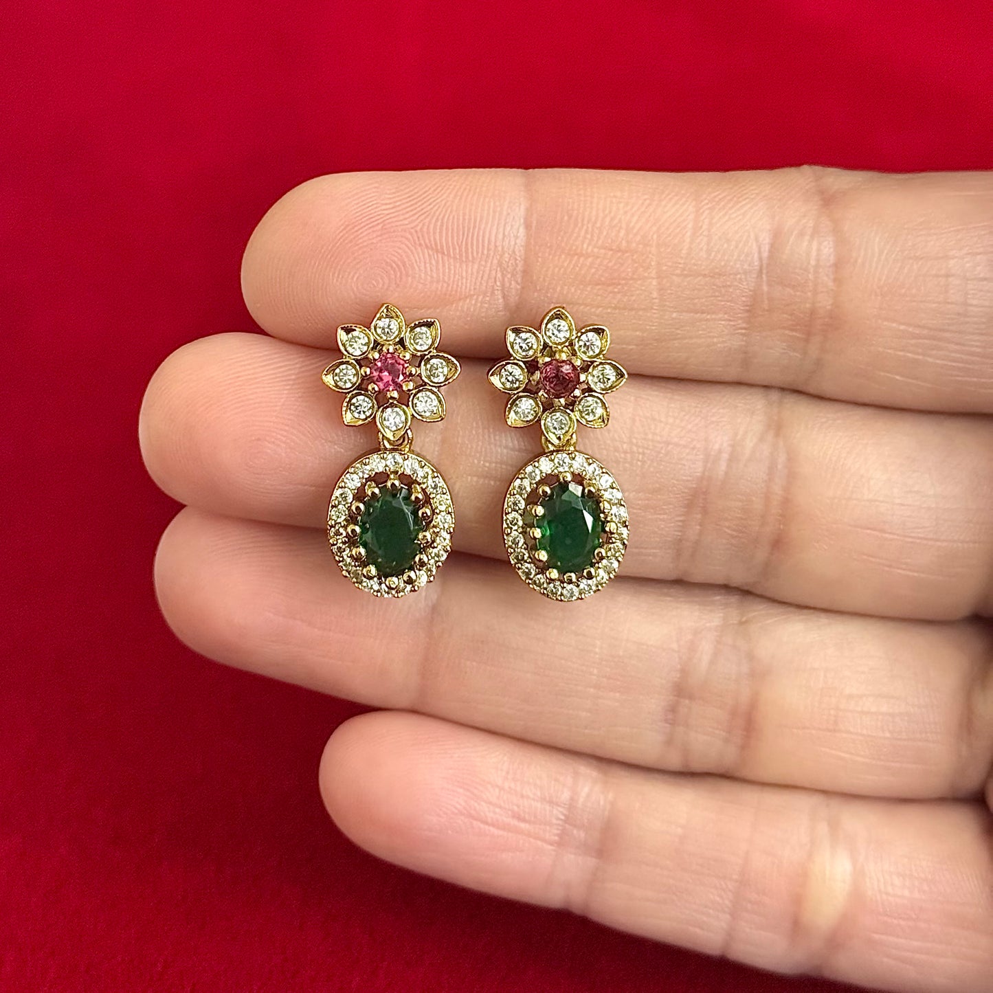 Emerald Green Pink Stone Necklace Set, Floral CZ Choker Necklace, Indian Wedding Jewelry Set, Gold Tone Party Wear Jewelry, Bridesmaid Gift