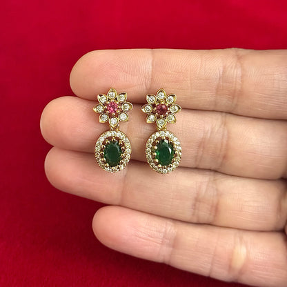 Emerald Green Pink Stone Necklace Set, Floral CZ Choker Necklace, Indian Wedding Jewelry Set, Gold Tone Party Wear Jewelry, Bridesmaid Gift