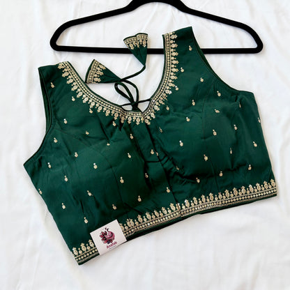 Green Jacquard Saree Blouse, Gold Embroidered Designer Blouse, Deep Back Neck Blouse with Latkan, Ready to Wear Indian Blouse, Crop top