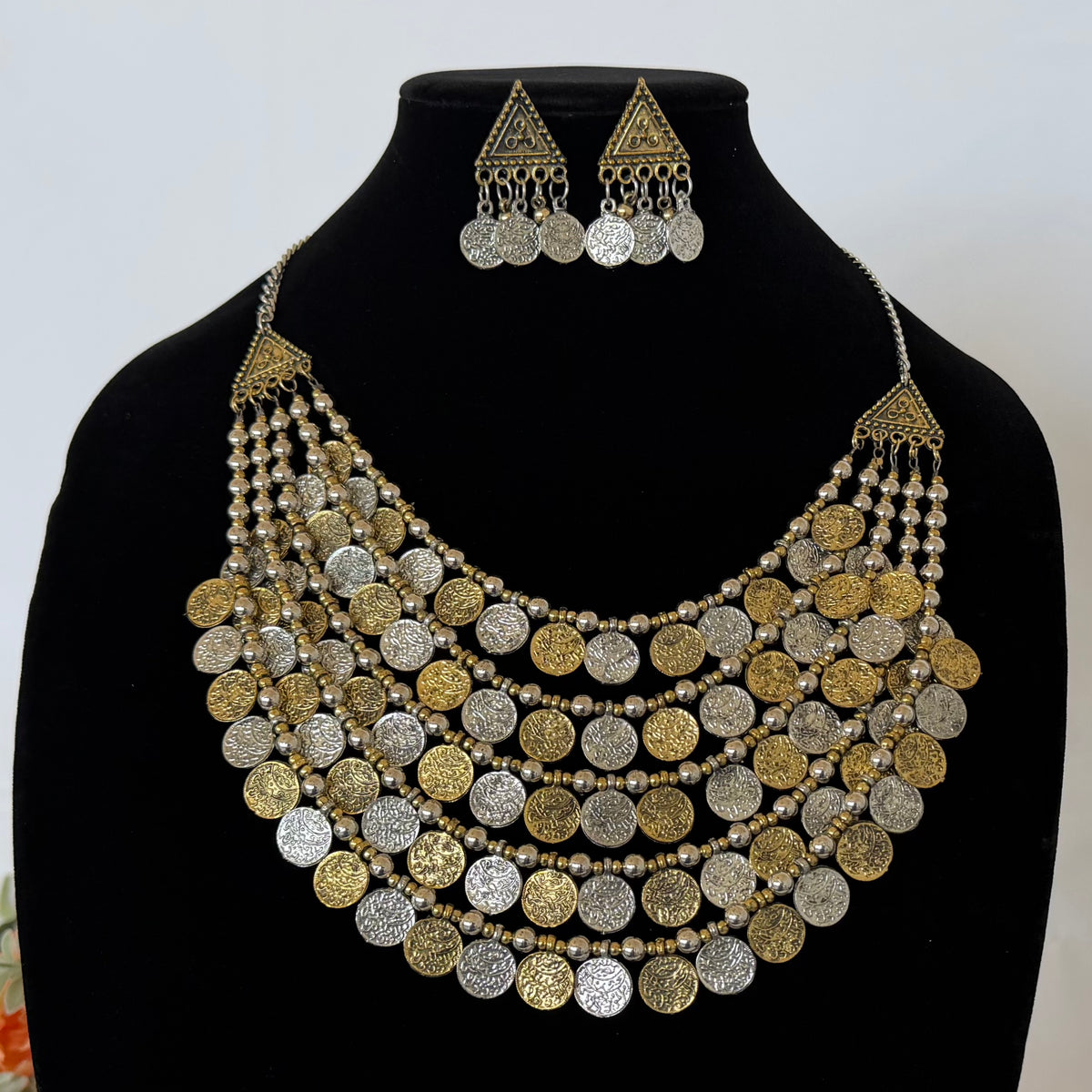 Oxidized Silver Gold Coin Necklace Set, 5 Layer Indian Statement Necklace with Earrings, Navratri Garba Jewelry, Tribal Boho Ethnic Jewelry
