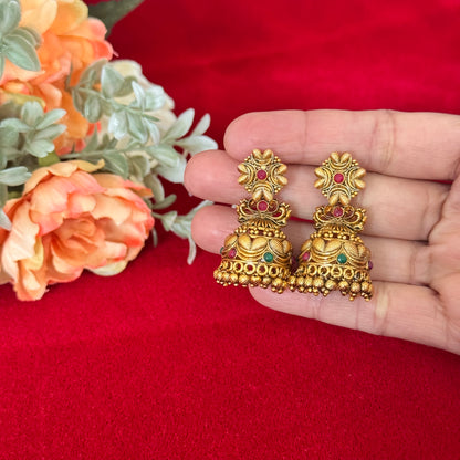 Antique Gold Temple Jhumka Earrings with Ruby & Green Stones | Traditional South Indian Jhumki | Bridal Festive Earrings | Statement Ethnic