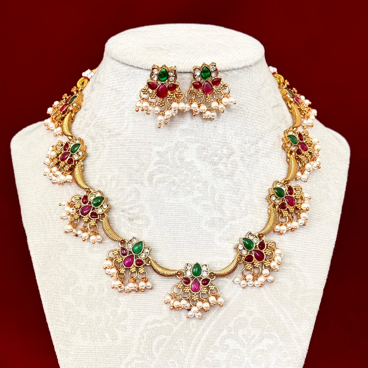 Temple Style Gold Necklace Set with Green & Ruby Stones, Pearl Drop Indian Jewelry, Traditional Bridal Necklace, Festive Wedding Jewelry Set