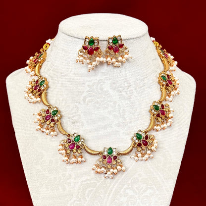 Temple Style Gold Necklace Set with Green & Ruby Stones, Pearl Drop Indian Jewelry, Traditional Bridal Necklace, Festive Wedding Jewelry Set