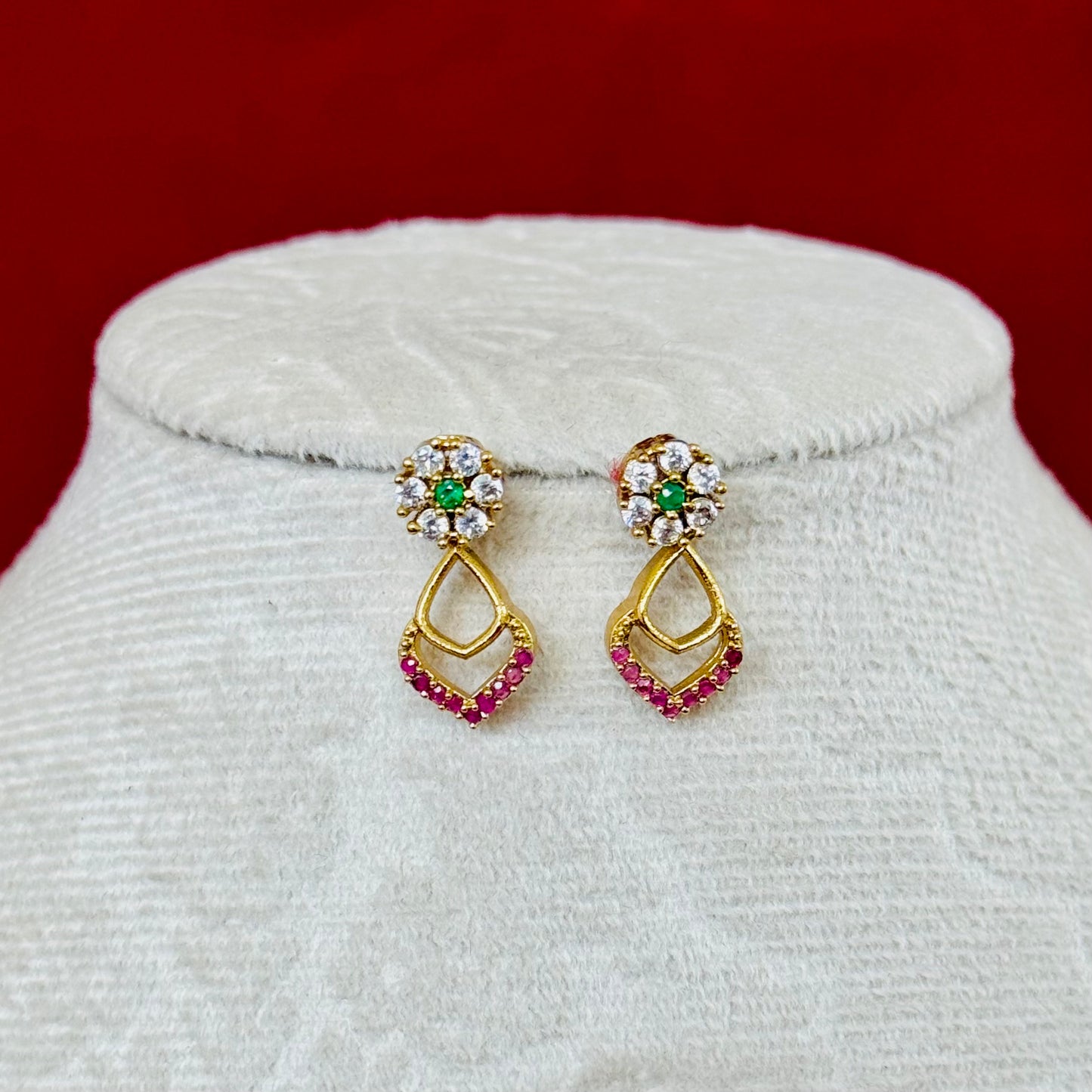 Elegant Floral AD Necklace Set with Ruby Pink Stones & Green Center | Lightweight Gold Finish Necklace with Matching Earrings | Wedding Part