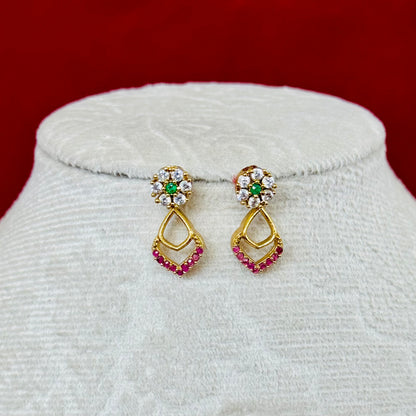 Elegant Floral AD Necklace Set with Ruby Pink Stones & Green Center | Lightweight Gold Finish Necklace with Matching Earrings | Wedding Part