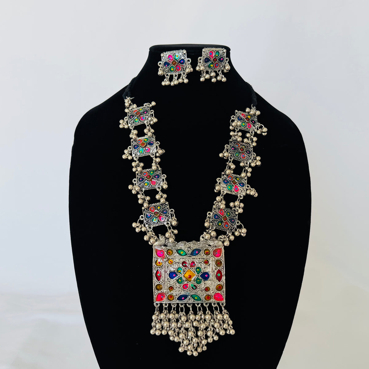 Oxidized Silver Necklace Set with Multicolor Enamel & Ghungroo, Indian Tribal Statement Jewelry, Boho Necklace Earrings Set, Festive Jewelry