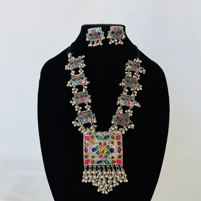 Oxidized Silver Necklace Set with Multicolor Enamel & Ghungroo, Indian Tribal Statement Jewelry, Boho Necklace Earrings Set, Festive Jewelry