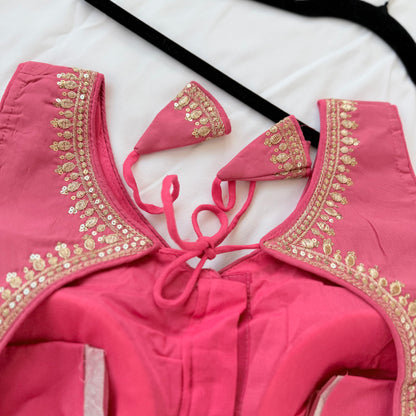 Deep Rose Pink Jacquard Saree Blouse, Gold Embroidered Designer Blouse, Deep Back Neck Blouse with Latkan, Ready to Wear Indian Blouse,