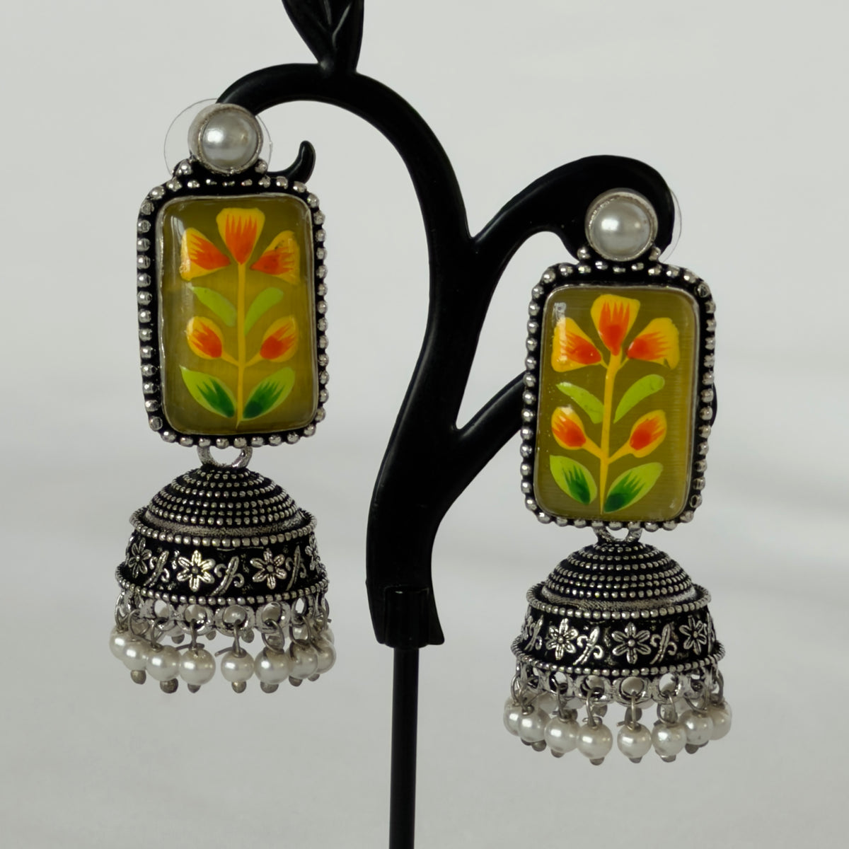 Hand Painted Mustard Green Jhumka Earrings, Oxidized Silver Floral Earrings, Pearl Drop Indian Earrings, Boho Statement Jewelry, Navratri Ea
