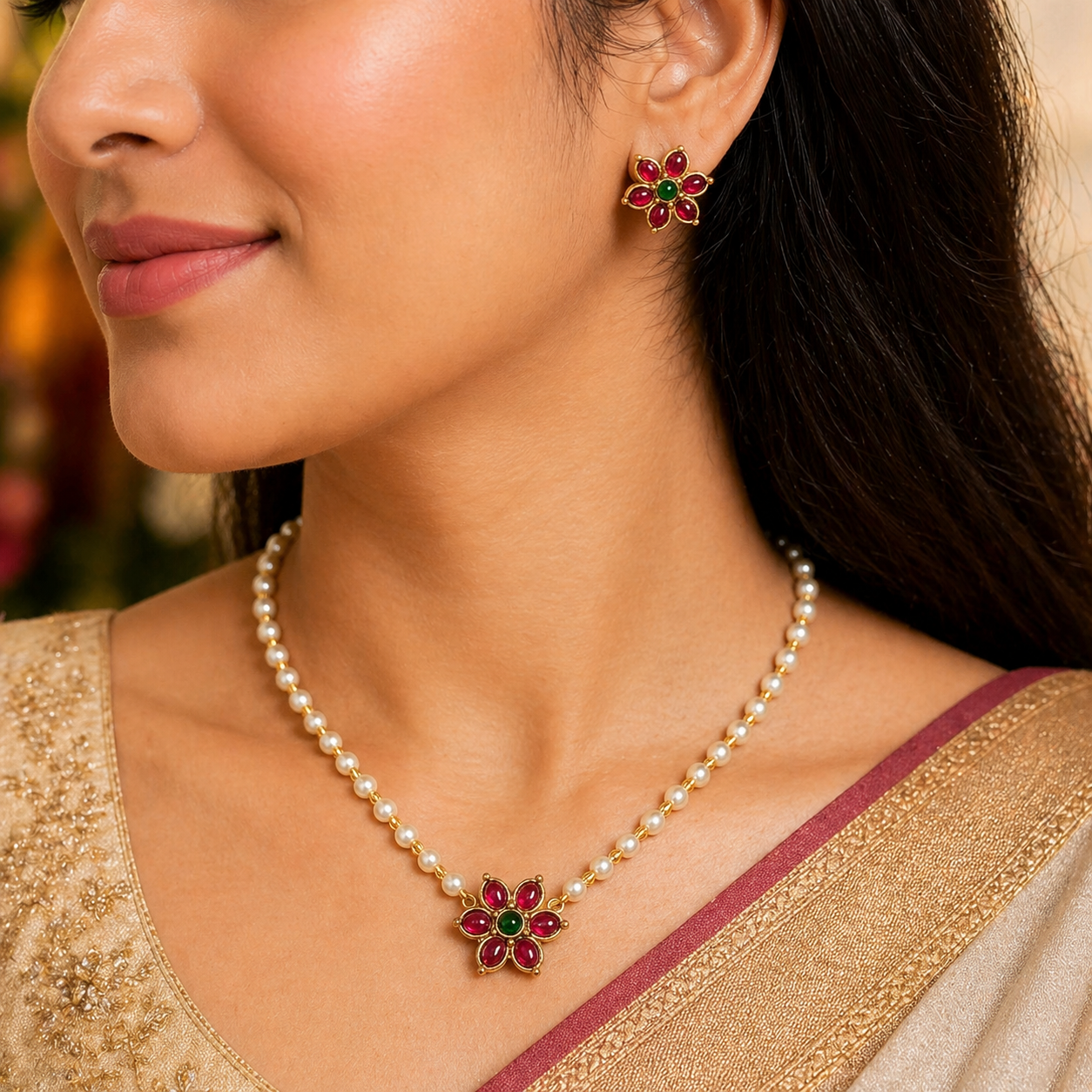 Ruby Green Floral Necklace Set, Pearl Chain Choker, Traditional Indian Jewelry, Temple Style Flower Pendant, Bridal Festive Necklace Earring