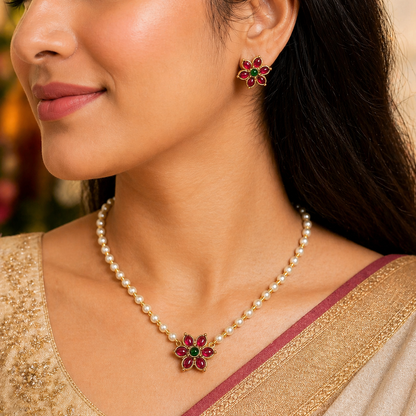 Ruby Green Floral Necklace Set, Pearl Chain Choker, Traditional Indian Jewelry, Temple Style Flower Pendant, Bridal Festive Necklace Earring