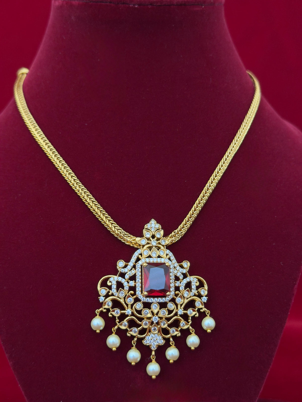 Ruby Red AD Stone Necklace Set, Gold Tone Pendant Necklace with Pearl Drops, Matching Earrings, Indian Wedding Jewelry, Ships from USA
