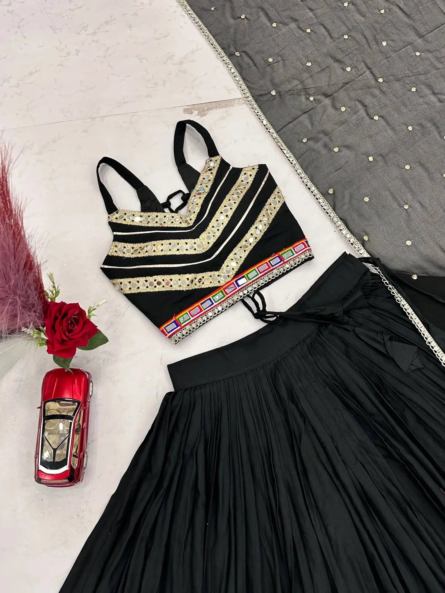 Black Navratri Lehenga Choli, Garba Chaniya Choli with Mirror Work, Cotton Ghagra Choli, Dandiya Outfit, Indian Festival Lehenga with Dupatt