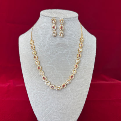 Ruby Oval Necklace Set Gold | Polki Style Long Necklace | Indian Wedding Jewelry Set | Bridal Necklace Earrings | Festive Party Wear Jewelry