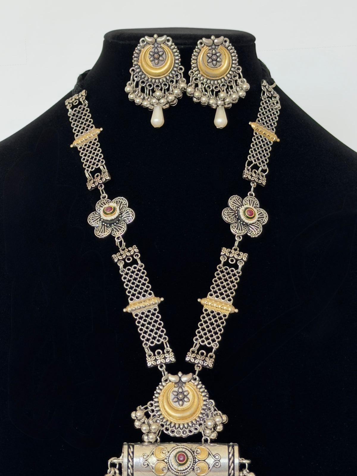 Oxidized Silver Long Necklace Set with Statement Pendant, Dual Tone Tribal Jewelry, Pearl Drop Earrings, Boho Indian Necklace, Festive Jewel