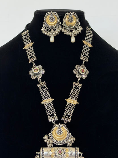 Oxidized Silver Long Necklace Set with Statement Pendant, Dual Tone Tribal Jewelry, Pearl Drop Earrings, Boho Indian Necklace, Festive Jewel