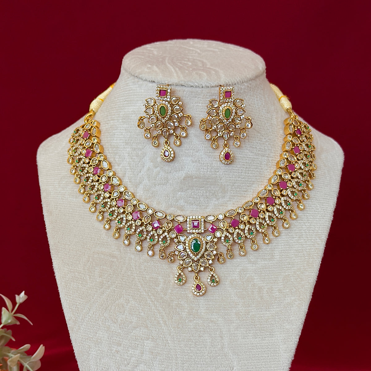 Kemp Stone Necklace Set, Ruby Green Indian Jewelry with Earrings, Traditional Bridal Necklace, South Indian Wedding Jewelry, Ships from USA