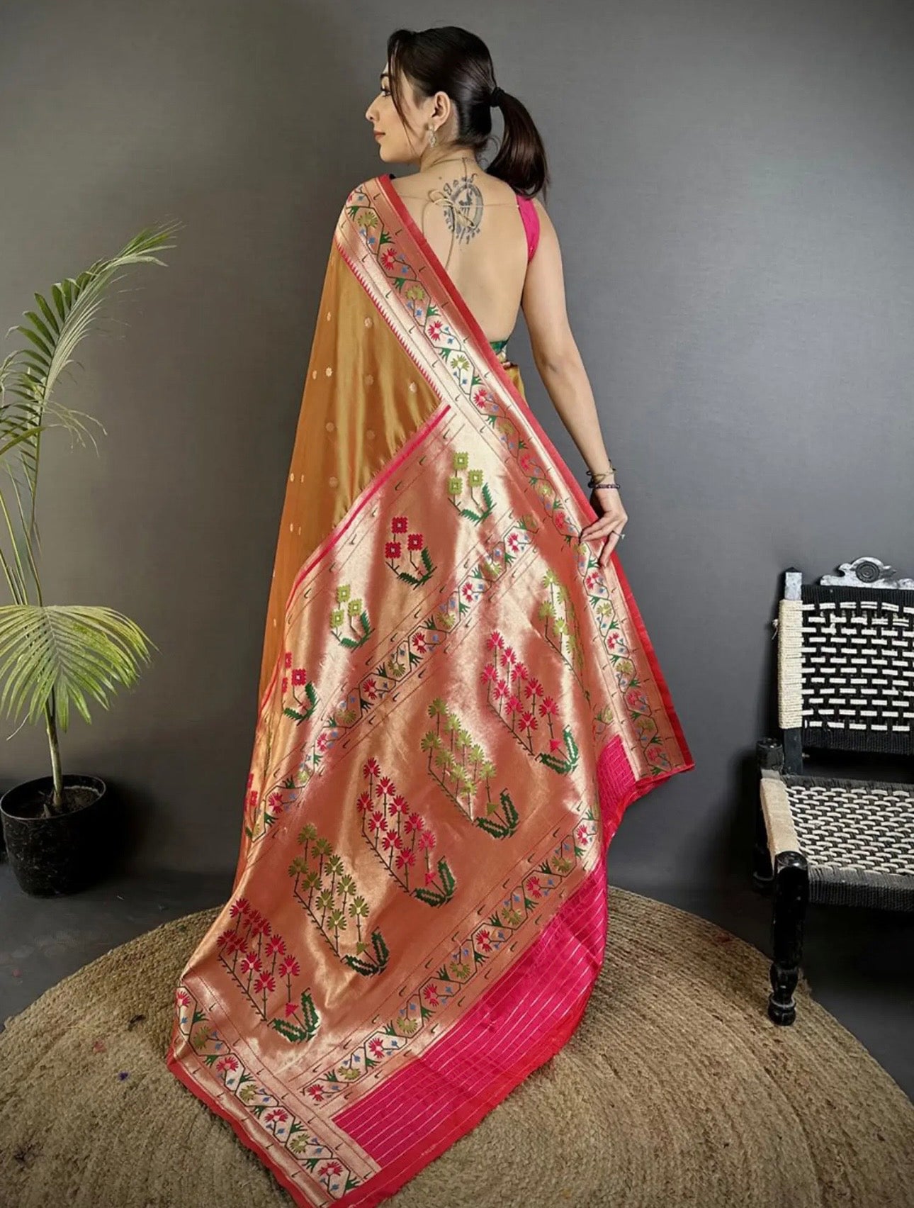 Golden Brown Semi Paithani Saree Soft Silk, Traditional Paithani Saree with Pink Border, Maharashtrian Wedding Saree, Festive Indian Saree,