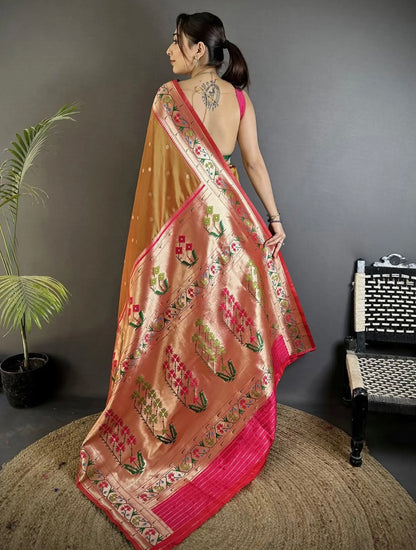 Golden Brown Semi Paithani Saree Soft Silk, Traditional Paithani Saree with Pink Border, Maharashtrian Wedding Saree, Festive Indian Saree,