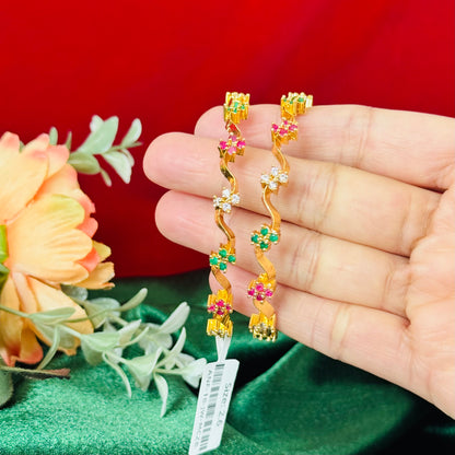 Elegant Multicolor Floral Gold Bangles Set, Designer Twist Kada, CZ Stone Indian Bangles, Wedding Festival Bangles, Traditional 2 Pc Bangle Set
