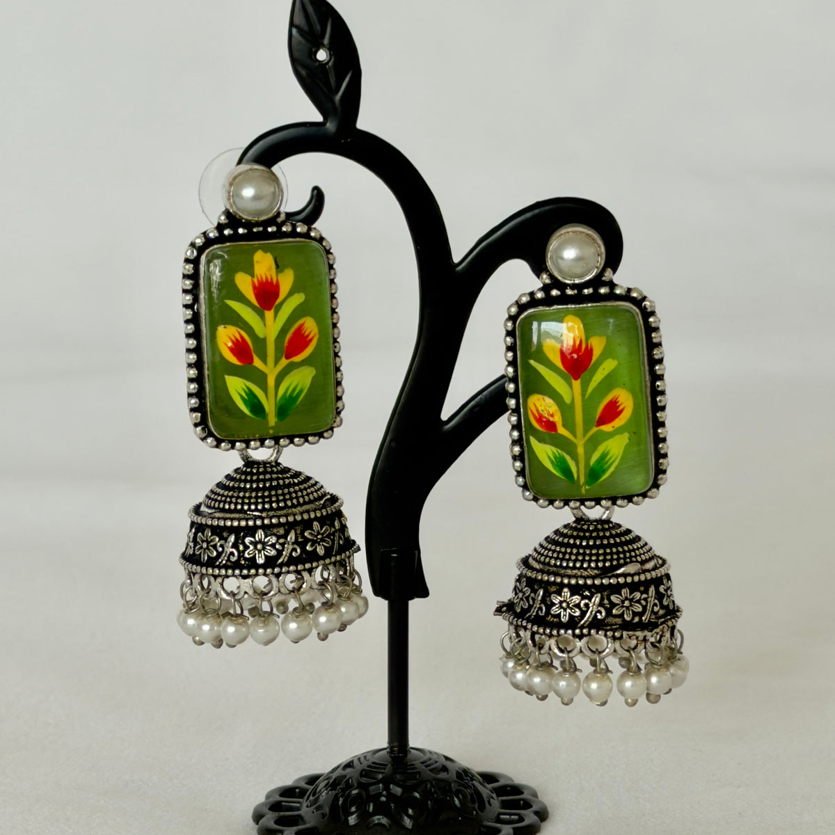 Green Oxidized Silver Handpainted Jhumka Earrings, Floral Indian Earrings, Pearl Drop Earrings, Ethnic Festive Jewelry, Oxidized earrings