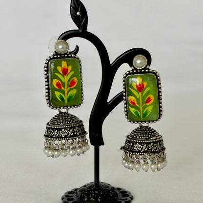 Green Oxidized Silver Handpainted Jhumka Earrings, Floral Indian Earrings, Pearl Drop Earrings, Ethnic Festive Jewelry, Oxidized earrings