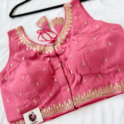 Deep Rose Pink Jacquard Saree Blouse, Gold Embroidered Designer Blouse, Deep Back Neck Blouse with Latkan, Ready to Wear Indian Blouse,