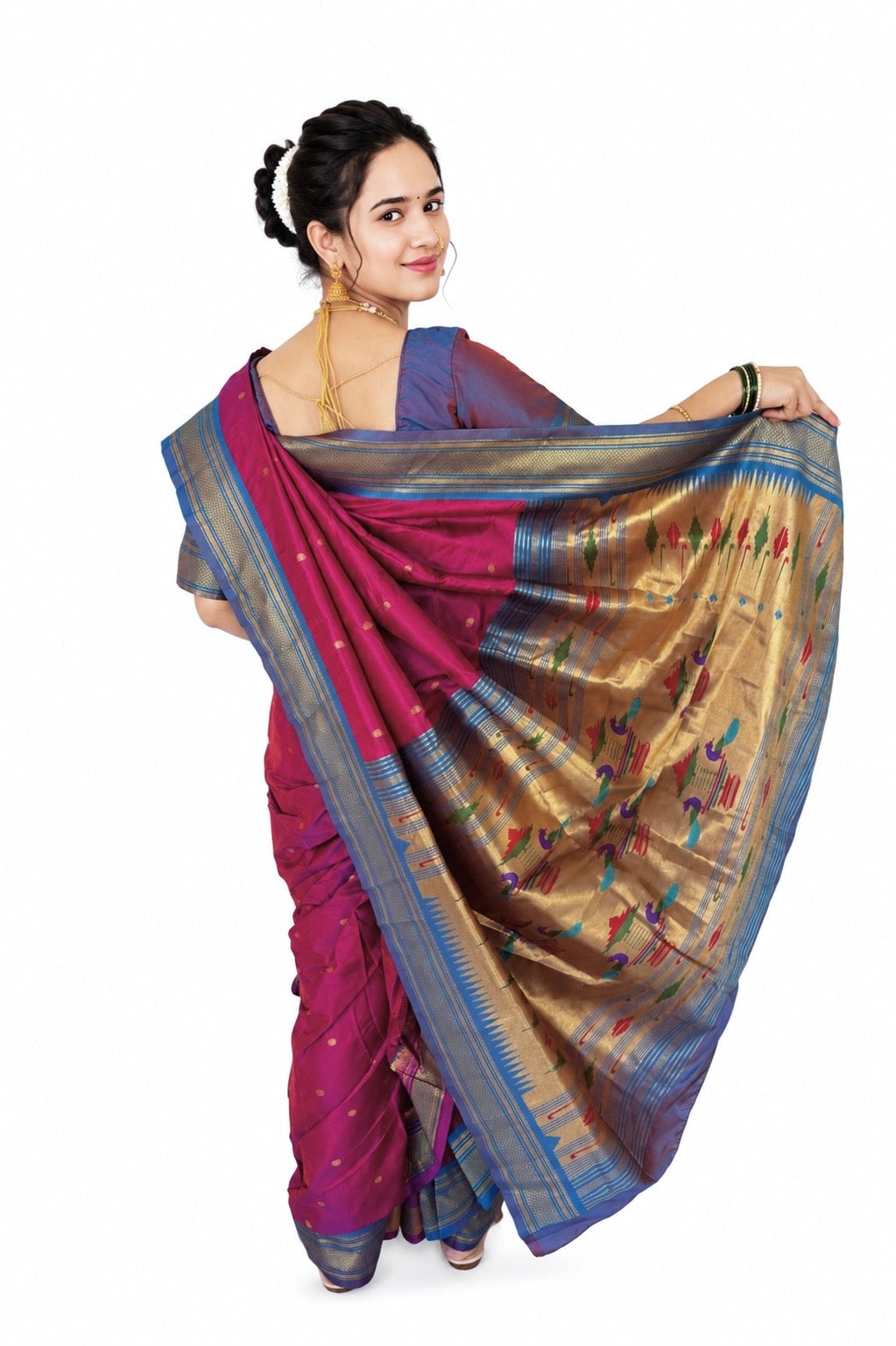 Magenta Ready to Wear Nauvari Saree, Fully Stitched Semi Silk Paithani Saree, Shahi Mastani Pattern, 9 Yard Maharashtrian Wedding Saree