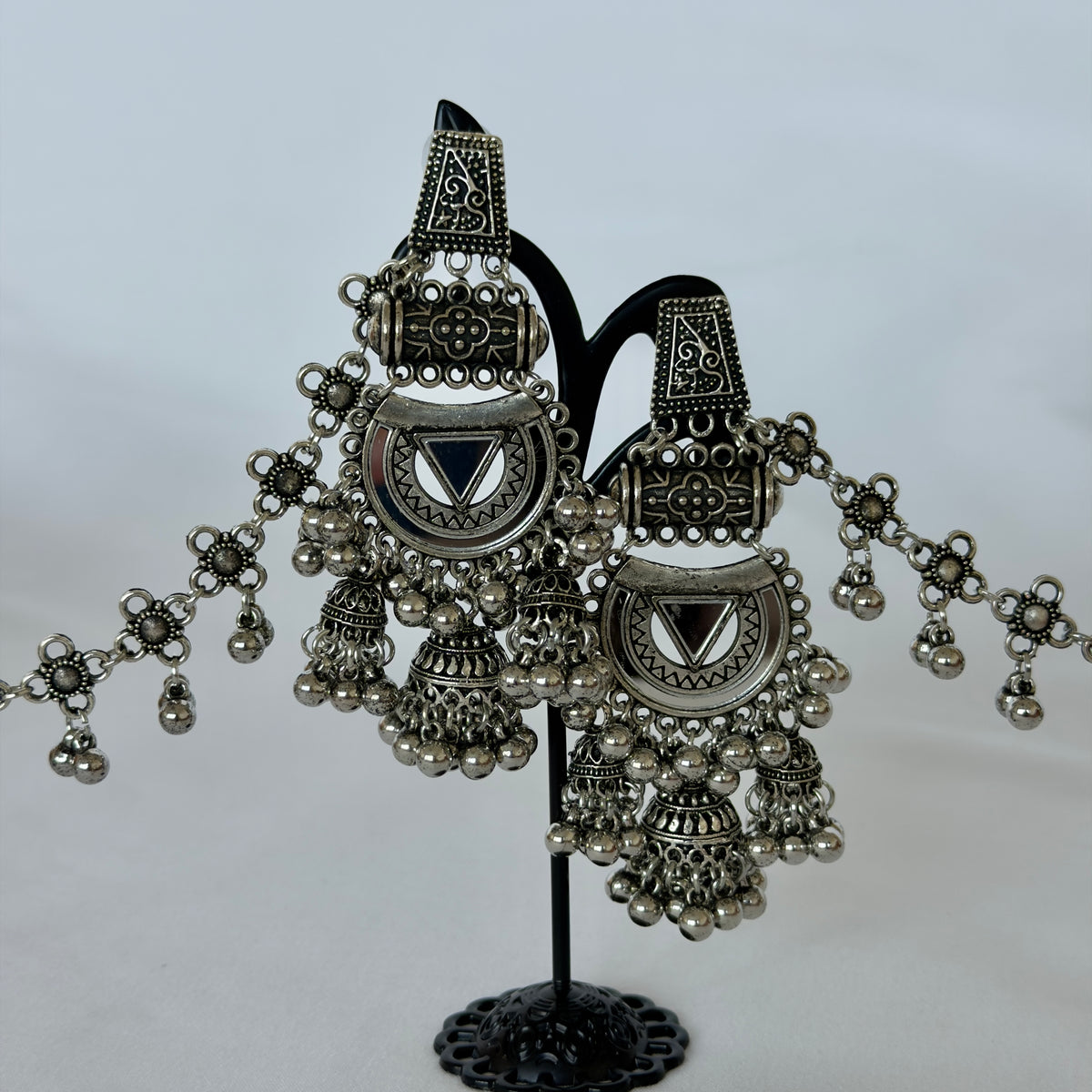 Oxidized Silver Jhumka Earrings with Long Chain, Traditional Indian Ghungroo Earrings, Tribal Boho Statement Jewelry, Garba Earrings, weddin