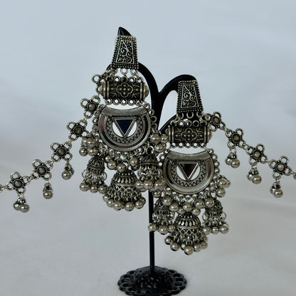 Oxidized Silver Jhumka Earrings with Long Chain, Traditional Indian Ghungroo Earrings, Tribal Boho Statement Jewelry, Garba Earrings, weddin