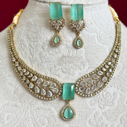 Turquoise CZ Necklace Set for Women, Gold Tone Statement Jewelry Set, Bridal Party Necklace Earrings Set, Indian Wedding Jewelry, Elegant P