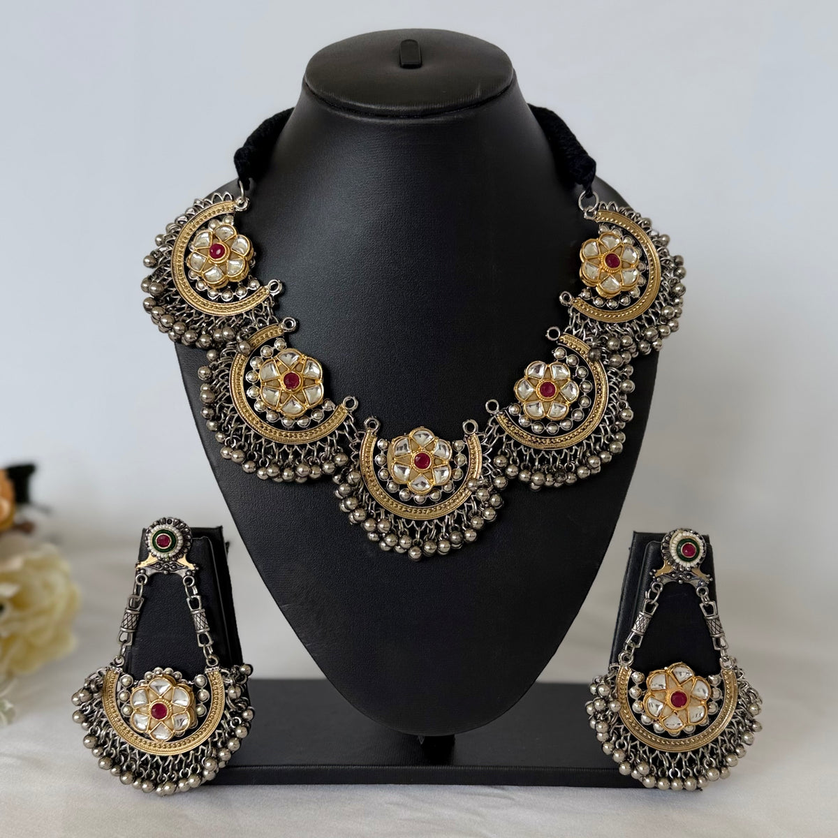 Oxidized Silver Gold Kundan Necklace Set, Indian Statement Jewelry, Navratri Garba Dandiya Necklace, Long Earrings, Tribal Boho Jewelry