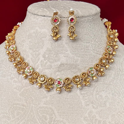 Majak Necklace Set | Antique Gold Floral Necklace Set | Pearl Drop Choker Necklace | Traditional Indian Jewelry | Wedding & Festive wear