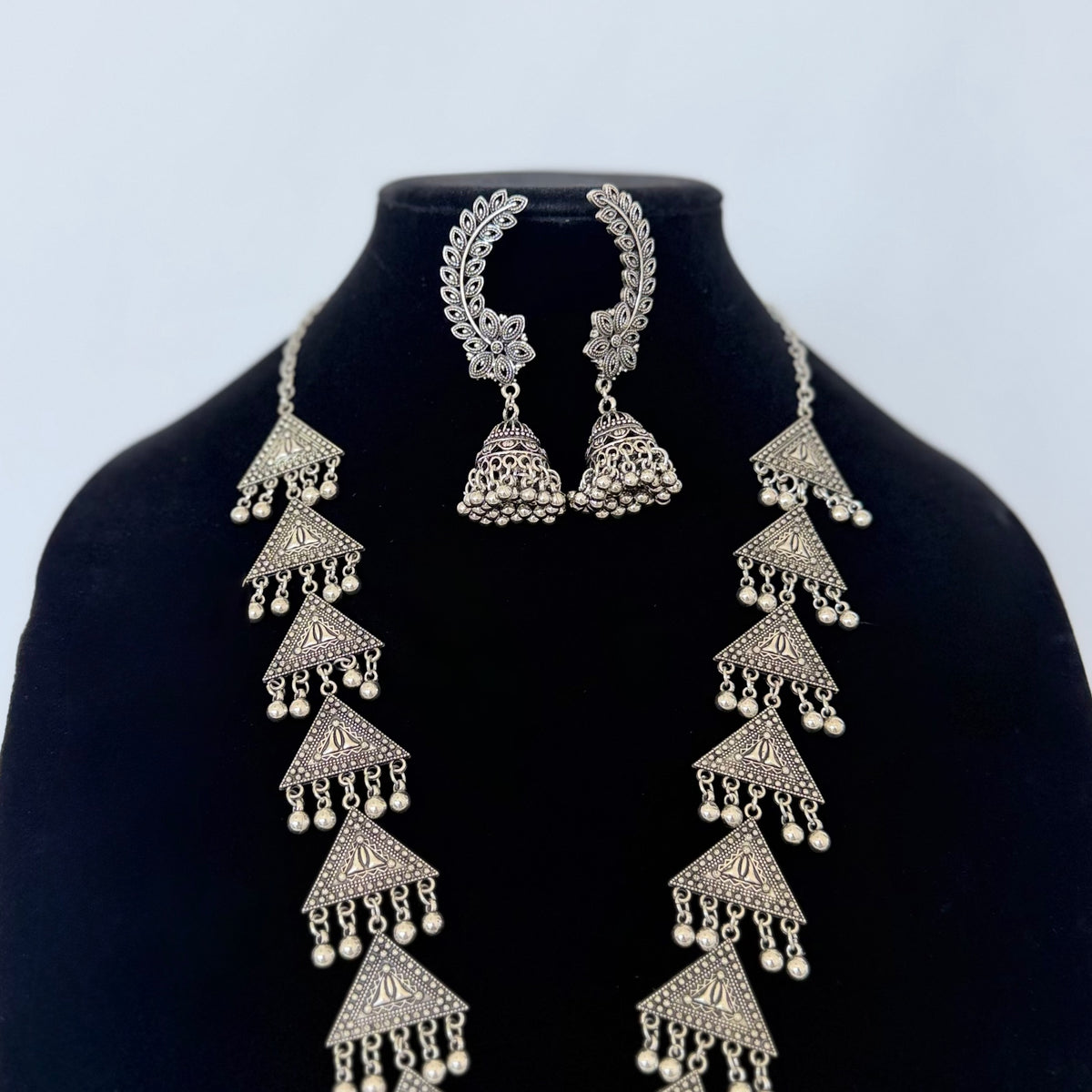 Oxidized Silver Long Necklace Set with Mirror Pendant & Jhumka Earrings, Tribal Statement Jewelry, Indian Boho Necklace Set